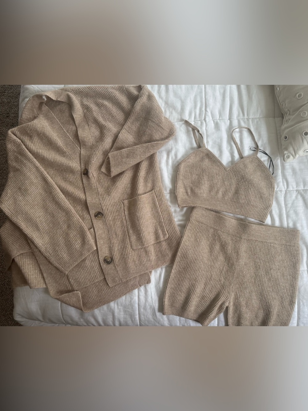 H&M Beige Knit Cardigan, Bralette & Shorts Set